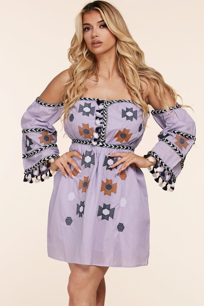 Bohemian Embroidered Lavender Dress with Removable Sleeves and Tassel Hem