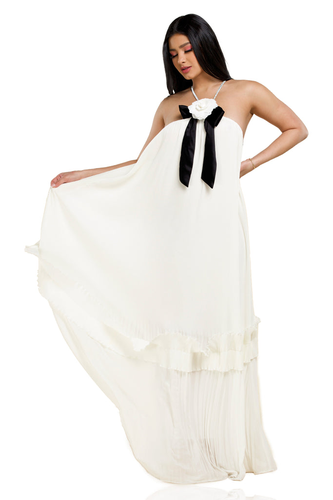 White Contrast Halter Gown