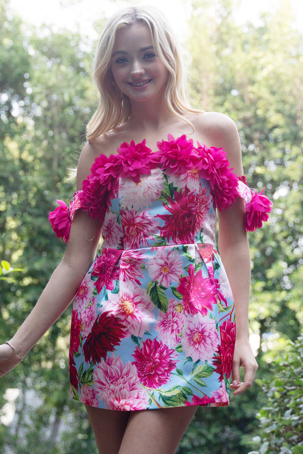 Vibrant Pink Floral Fitted Mini Dress