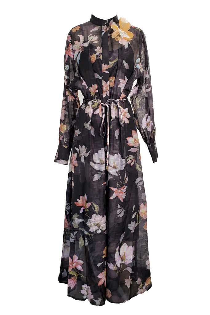 Black Elegant Floral Print Maxi with Wrap Tie