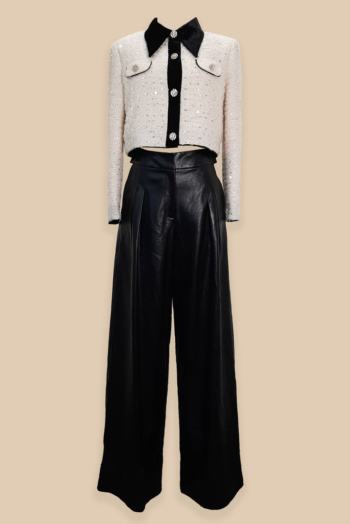 Glamour Fusion Cream Black Vegan Leather Pants Set