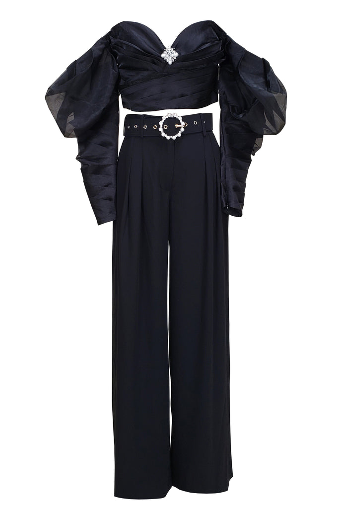 Elegant Noir Set Sheer Crop Top Wide-Leg Trousers