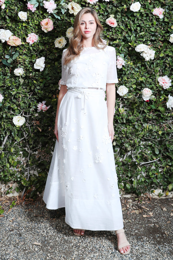 White Maxi Skirt Set with Elegant Floral Embellishments