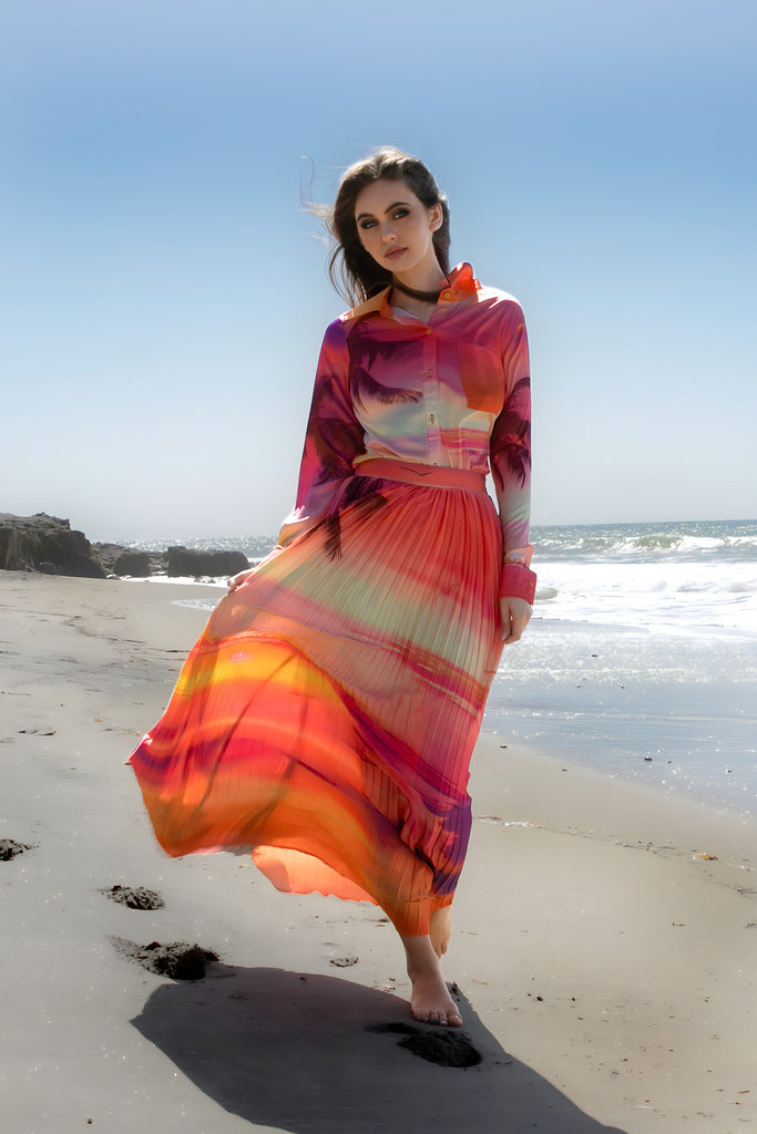 Sunset Breeze 2-Piece Woven Shirt and Pleated Maxi Skirt Set