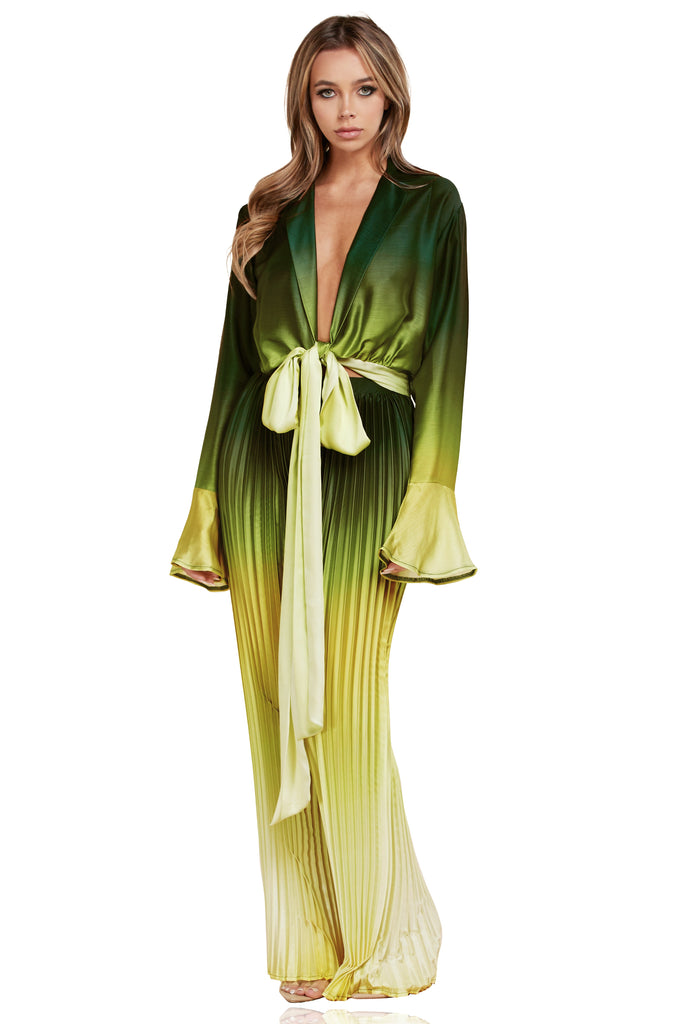 Moss Green Ombre Woven Pleated Pants Set